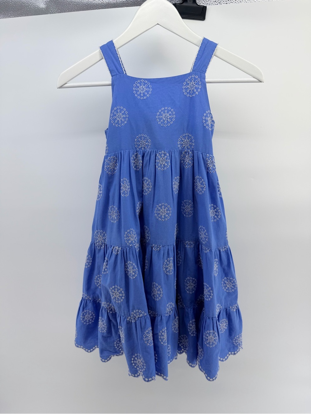 Mini Boden Blue Tiered Sleeveless Dress with White Medallion Embroidery